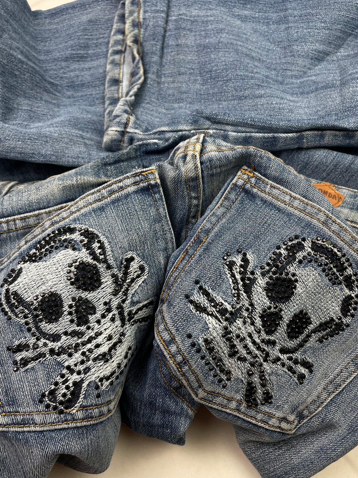 Vintage Y2k Skulls Rhinestones Denim Pants