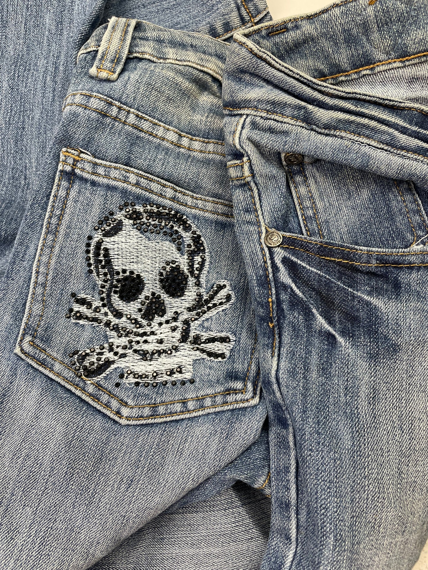 Vintage Y2k Skulls Rhinestones Denim Pants