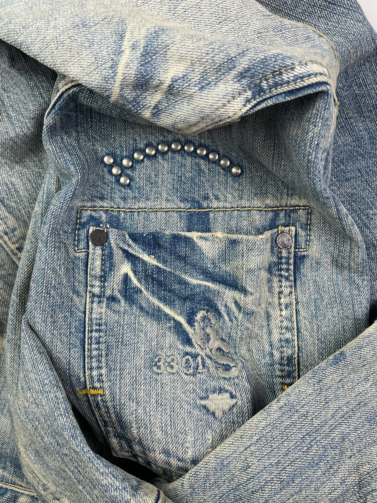 Vintage Whiskered Denim Biker Jacket